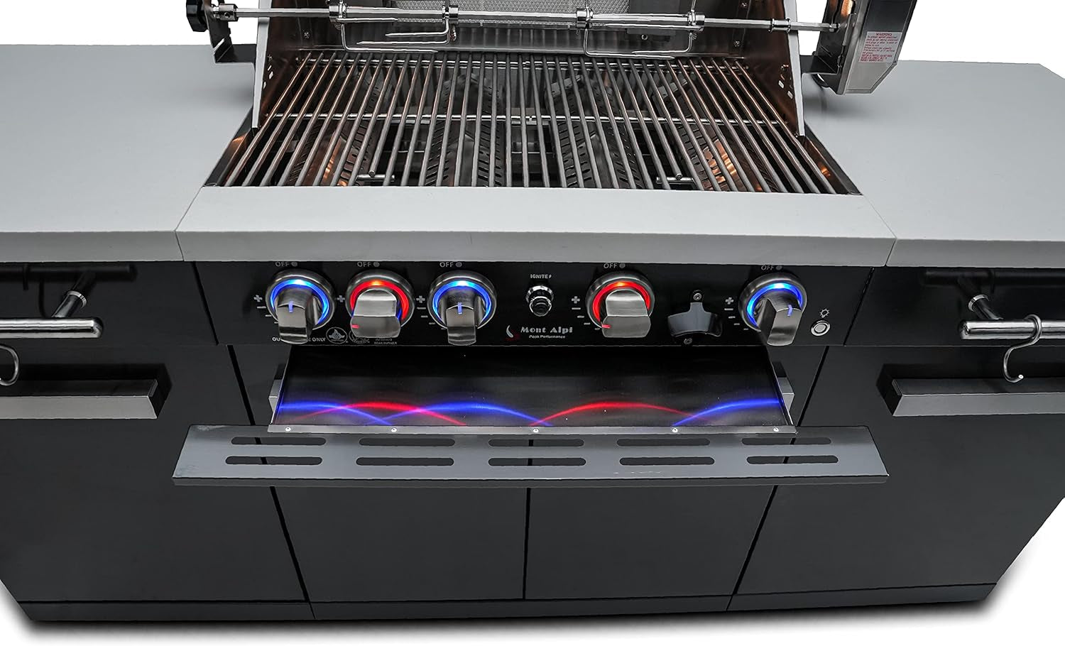 Premium 70"W X 24"D Black Stainless Steel Compact Outdoor Kitchen Island with Access Doors + 32"W 4-Burner BBQ Grill with Infrared Rear Burner + Storage Cabinets + White Granite Countertops