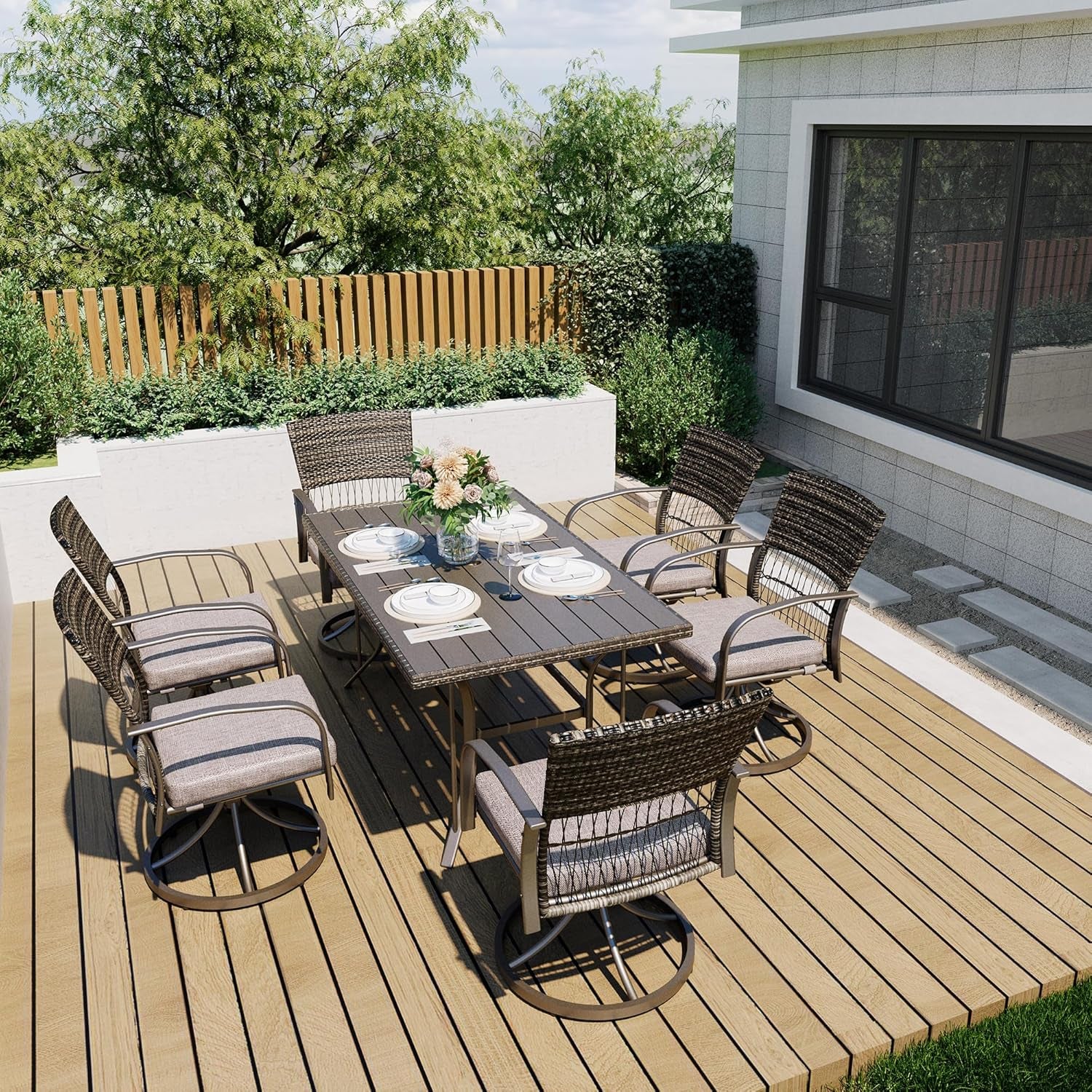 7 Piece Outdoor Dining Set, Rattan Outdoor Patio Furniture Set for Deck Backyard Garden with Iron Outdoor Dining Table, 6 Swivel Outdoor Dining Chairs and Removable Cushions (Gray)