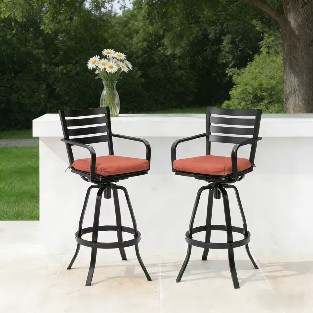 Swivel Cast Aluminum Outdoor Bar Stool with Sunbrella Red Cushion (2-Pack)