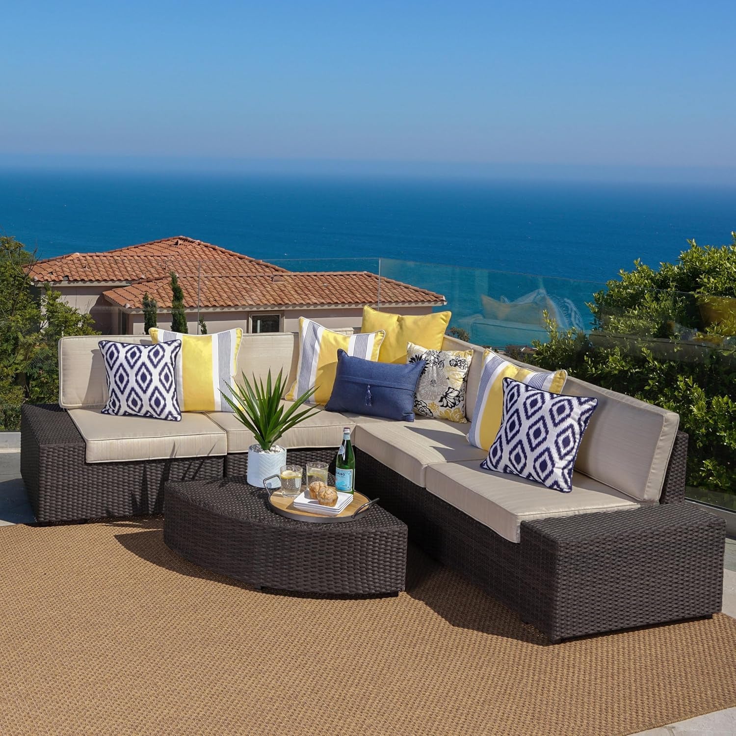 Santa Cruz Outdoor Wicker Sectional Sofa Set with Water Resistant Cushions, 6-Pcs Set, Brown