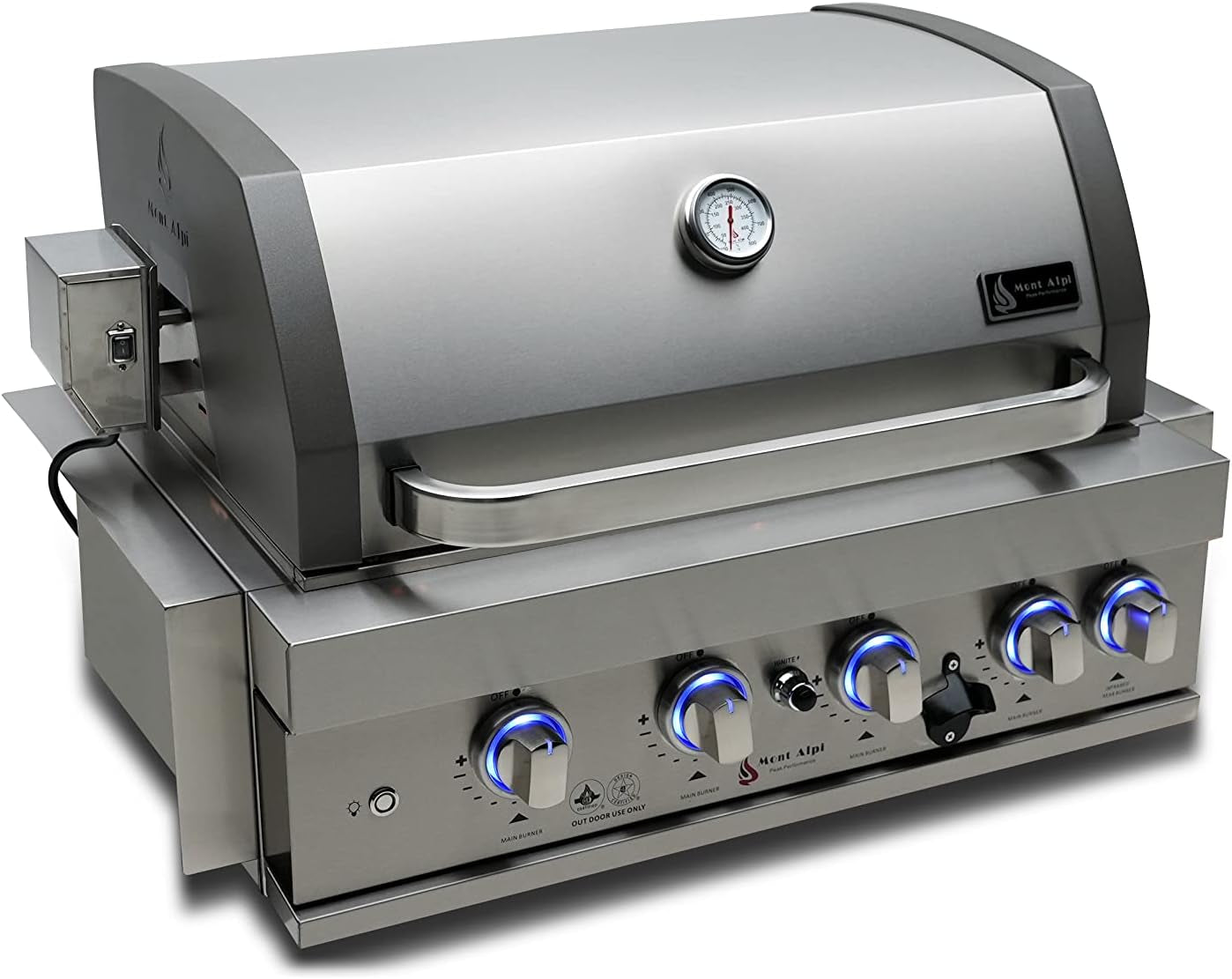 Premium 32"W X 23"D X 21"H Stainless Steel 4-Burner 63000 Btus Outdoor Kitchen Kitchen Island Heavy Duty Propane Built-In BBQ Grill Head with Infrared Rear Burner + Rotisserie Kit + Cover
