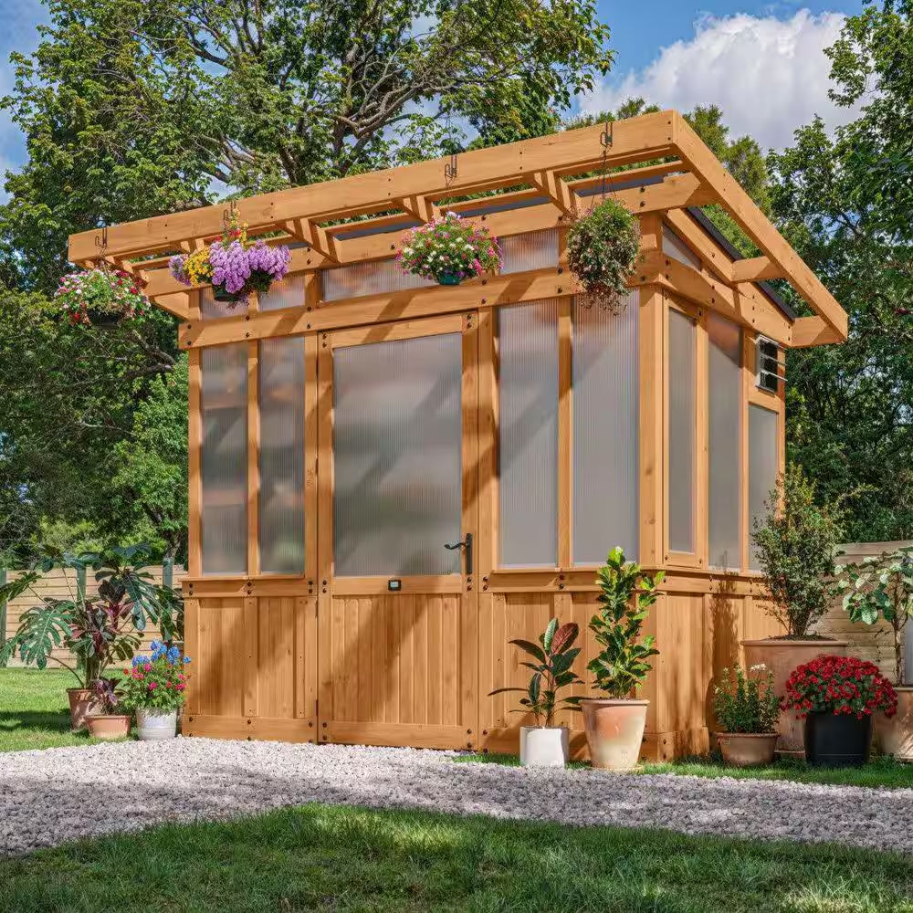 Poppy 9 Ft. W X 6 Ft. D X 8 Ft. H Cedar Wood and Polycarbonate Light Brown Walk-In Outdoor Greenhouse Kit W/ Powerport
