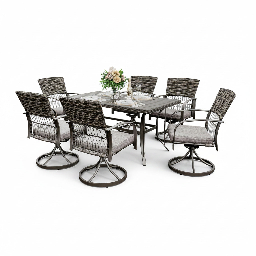 7 Piece Outdoor Dining Set, Rattan Outdoor Patio Furniture Set for Deck Backyard Garden with Iron Outdoor Dining Table, 6 Swivel Outdoor Dining Chairs and Removable Cushions (Gray)