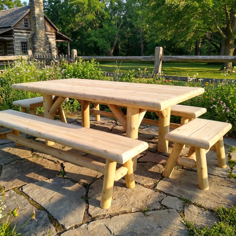 Wooden picnic table with benches on a stone patio surrounded by greenery