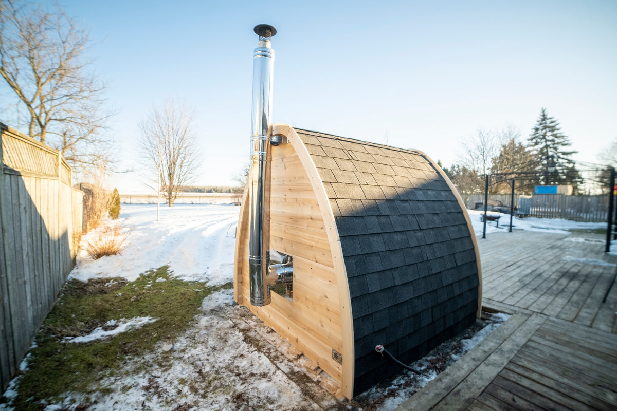 LeisureCraft Canadian Timber MiniPOD CTC77M exterior with chimney installation