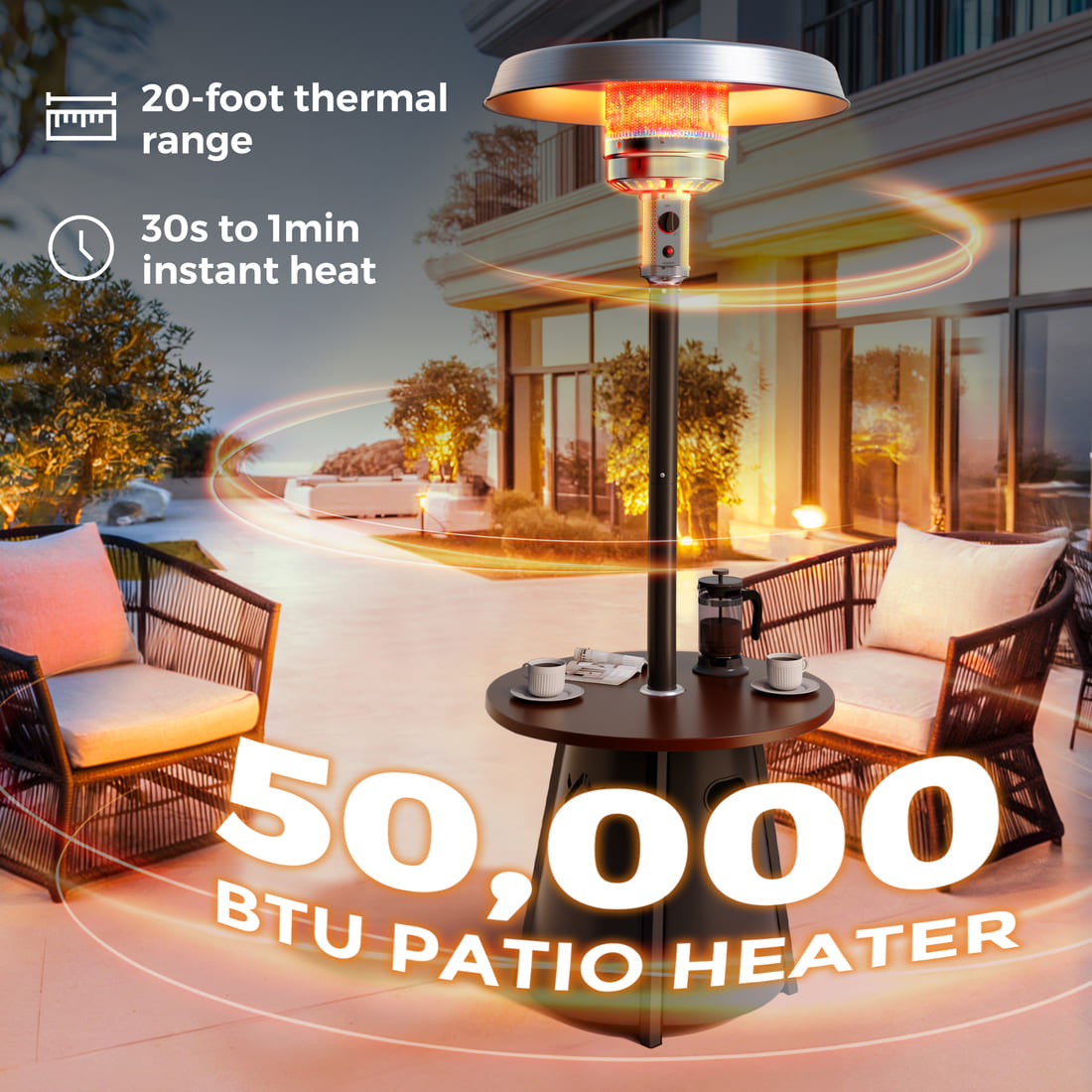 Pyra 50,000 BTU Propane Patio Heater with Round Table – CSA Certified