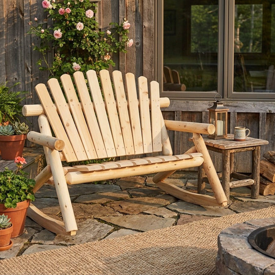 Wooden rocking chair on a stone patio with potted plants and a small table.