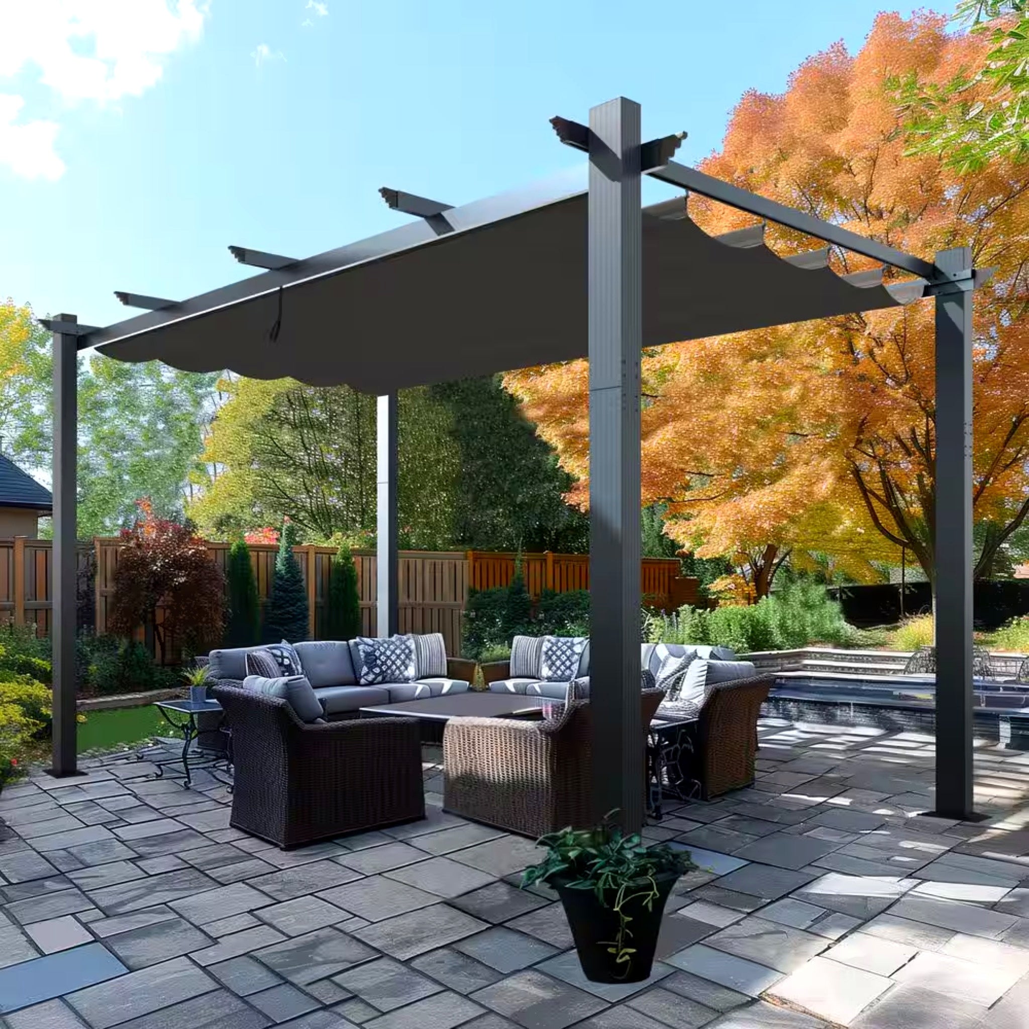 Veikous 16' x 12' Aluminum Outdoor Pergola with Retractable Canopy – Dark Gray