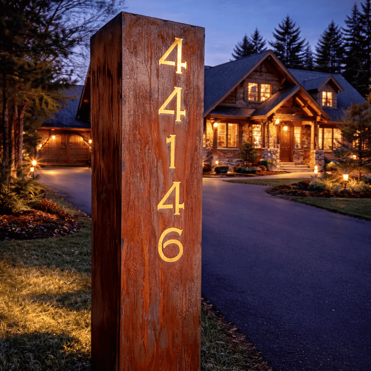 North Forge Solar-Powered Extra-Wide Address Pillar – Custom Steel House Number Sign