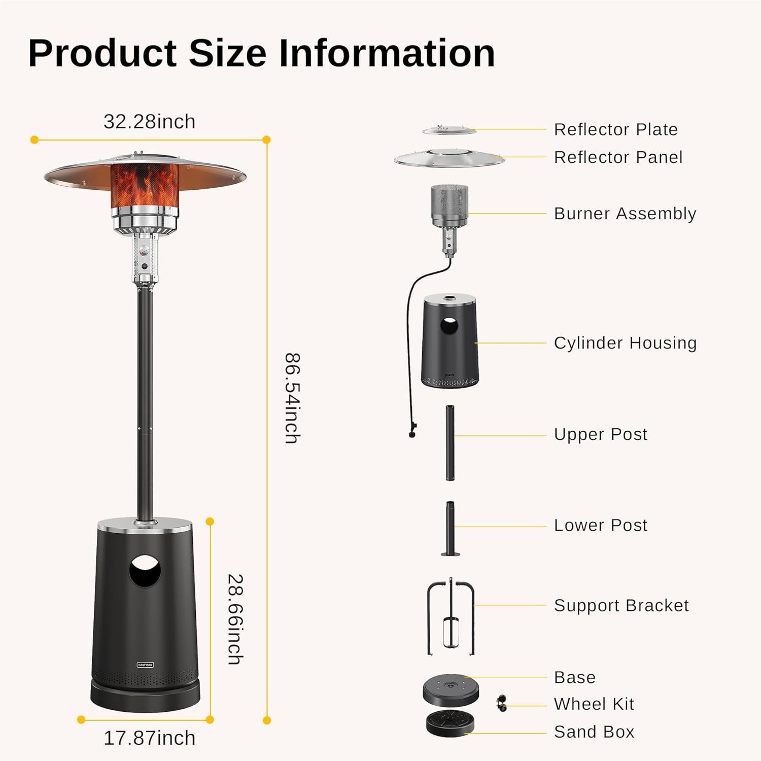 50,000 BTU Patio Heater with Sand Box, Table Design, Double-Layer Stainless Steel Burner, Wheels, Triple Protection System, Outdoor Heater for Home and Residential, Polar Night