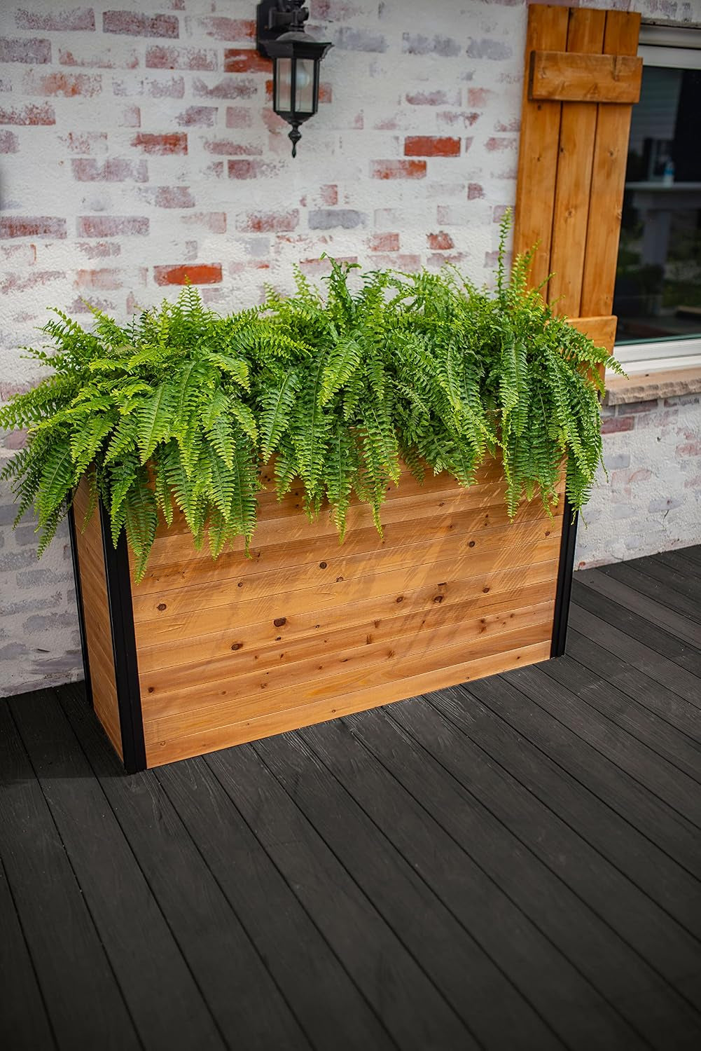 Mezza 16 Inch X 56 Inch X 33 Inch Large Cedar Wood Parklette Planter, Golden Brown with Black Aluminum Posts, FSC, Pre-Stained, Insect and Pest Repellant, Outdoor Décor, VT17716