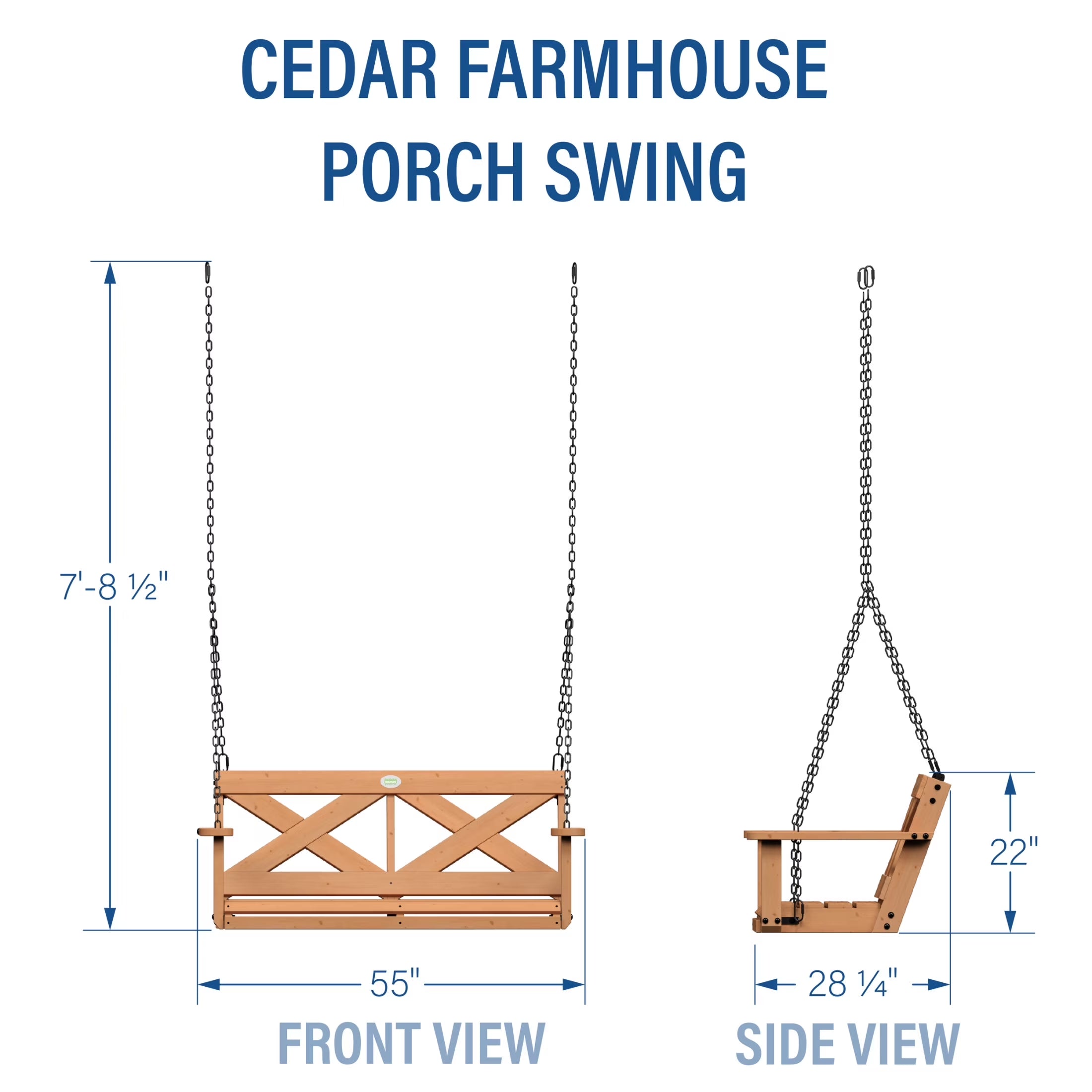 55" Cedar Wood Farmhouse Outdoor Porch Swing Bench, Two-Person Seating