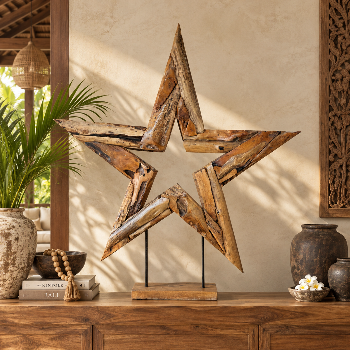 Broward Design Center Hand-Carved Bali Teak Star Sculpture on Stand – Large