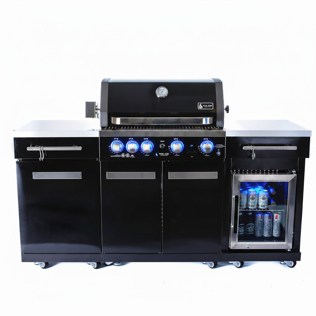 Premium 70"W X 24"D Black Stainless Steel Compact Outdoor Kitchen Island with Refrigerator + 32"W 4-Burner BBQ Grill with Infrared Rotisserie Burner + Storage Cabinets + Granite Countertops