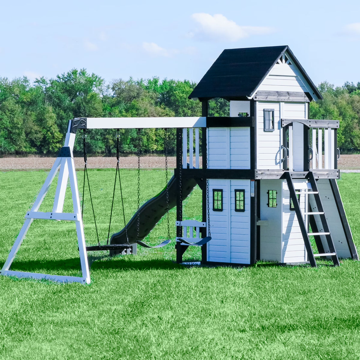 Canyon Creek White Cedar Wood Swing Set, Slide, Clubhouse, Rock Wall