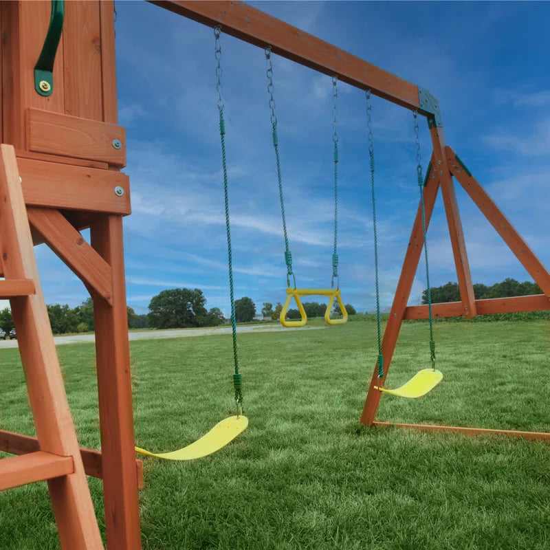 Atlantis Cedar Wood Swing Set with Wave Slide, Clubhouse, Rock Wall, and Sandbox Area