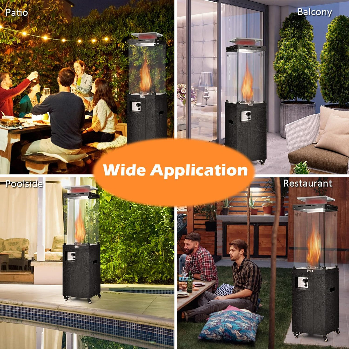 41,000 BTU Propane Patio Heater with Waterproof Cover, Outdoor Heater with Lockable Wheels, Adjustable Feet, Tempered Glass Tube, Suitable for Garden Porch Patio Deck (Black)
