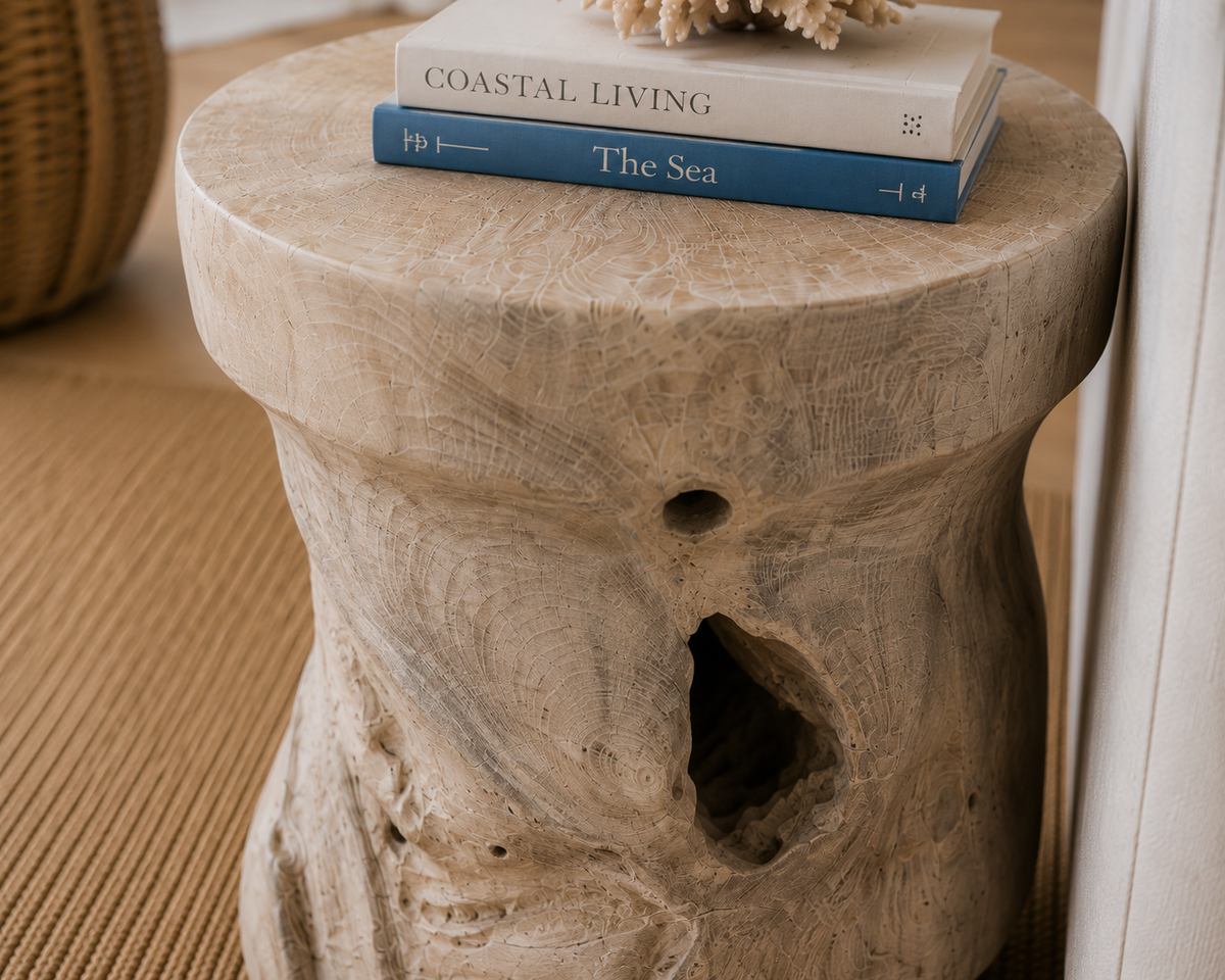 The Broward Design Center Organic Bleached Teak Round Stool