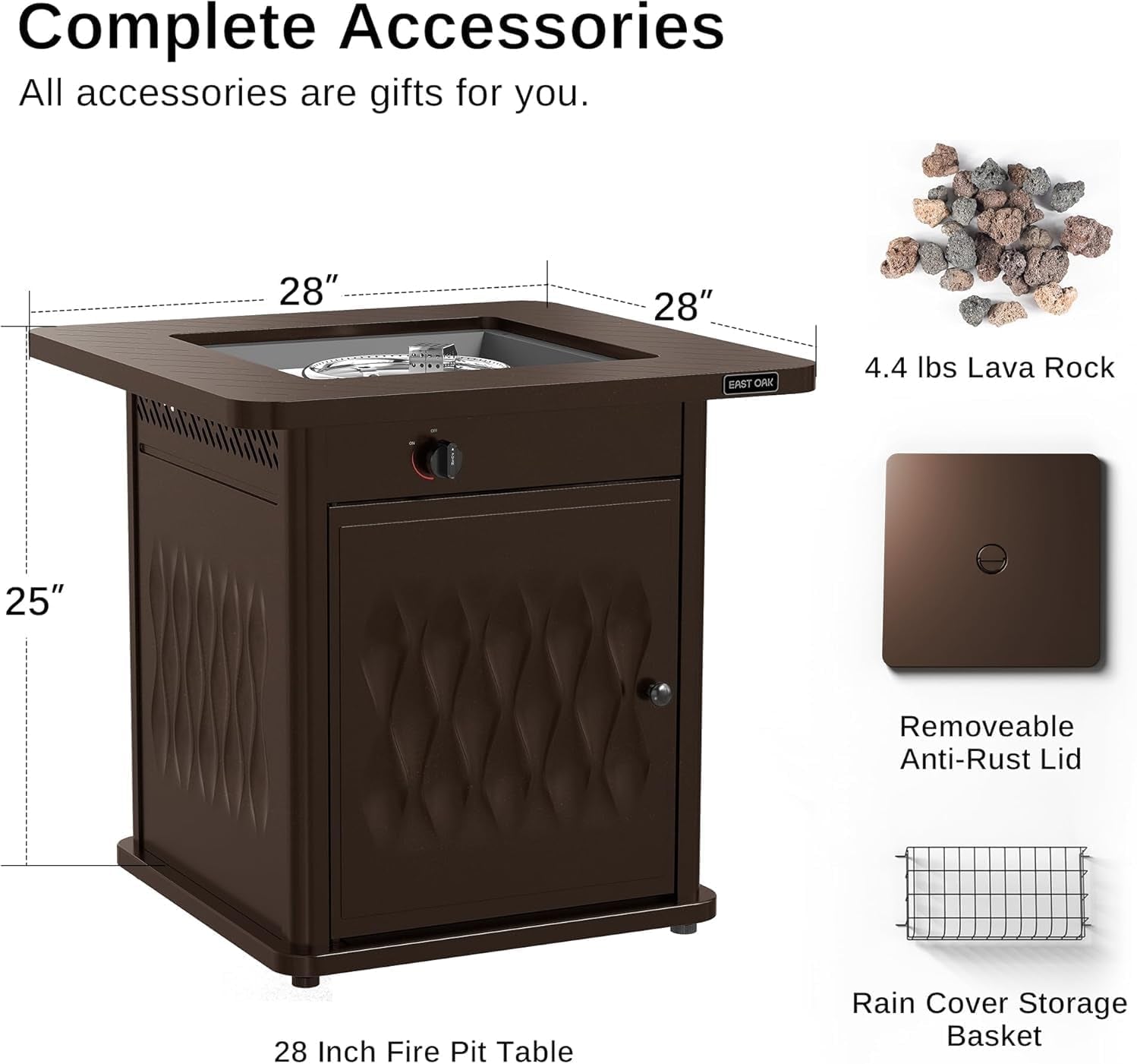 28'' Propane Fire Pit Table, 50,000 BTU Steel Gas Firepit for Outdoor, outside Patio Deck and Garden, CSA Certified Fire Table with Magnetic Lid, Cover-Storage Basket and Lava Rock, Brown