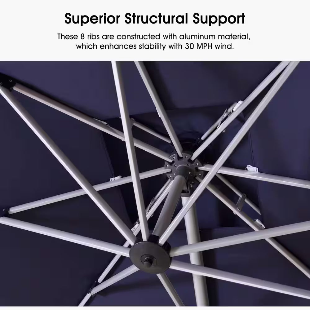 11 Ft. Octagon Windproof Aluminum 360 Rotation Cantilever Polyester Outdoor Patio Umbrella with Base, Navy Blue
