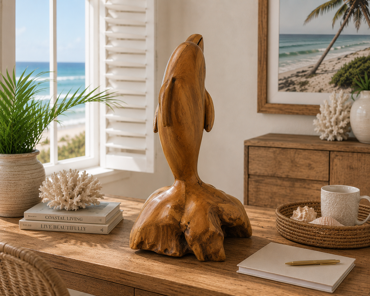 The Broward Design Center Hand-Carved Teak Dolphin Sculpture