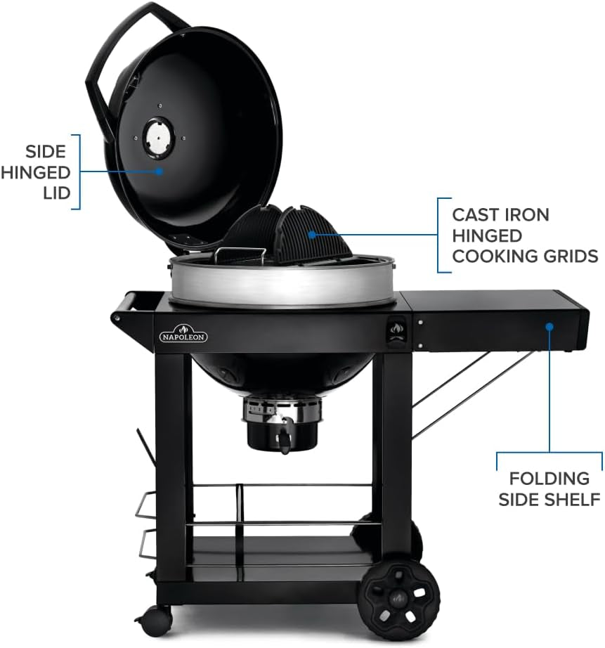 PRO22 Charcoal Kettle Grill with Folding Cart, Black, Porcelain-Enameled Lid and Bowl, Chrome-Plated Cooking Grid
