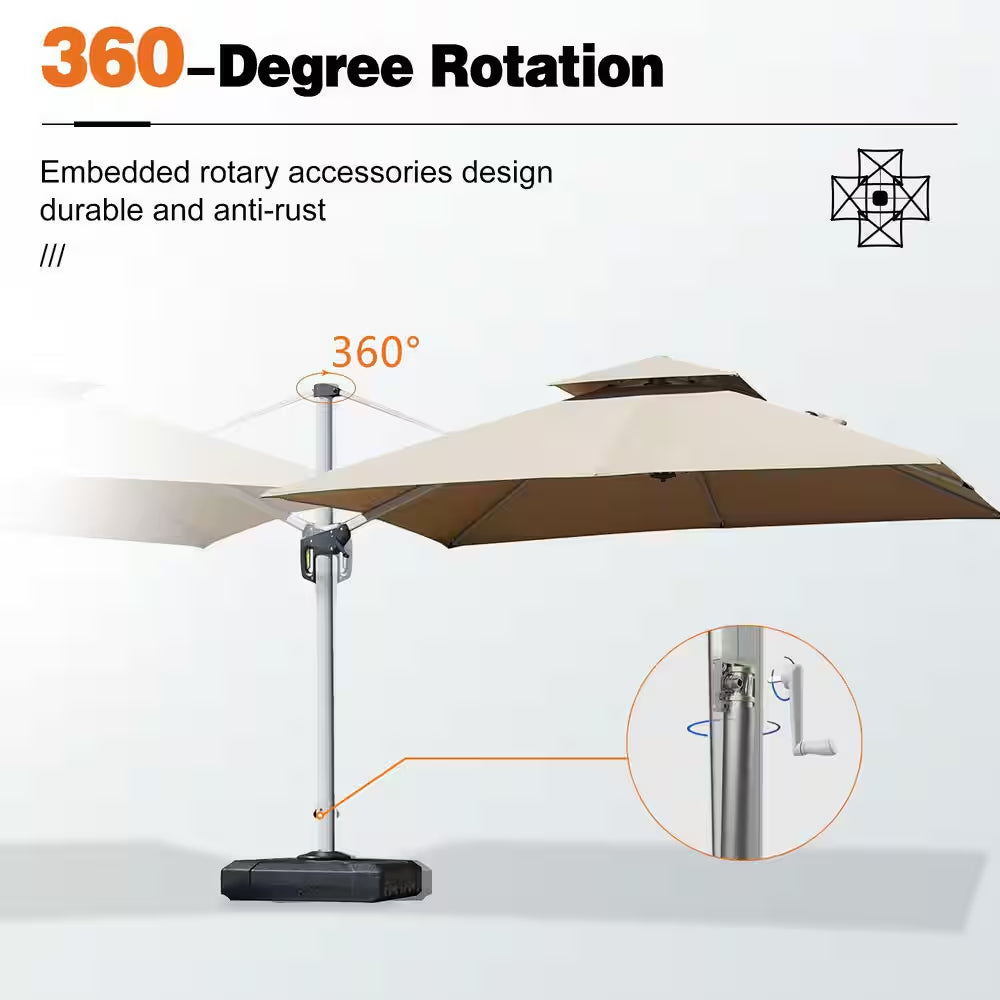 10 Ft. X 13 Ft. Windproof Aluminum 360 Rotation Cantilever Polyester Outdoor Patio Umbrella with Base, Beige