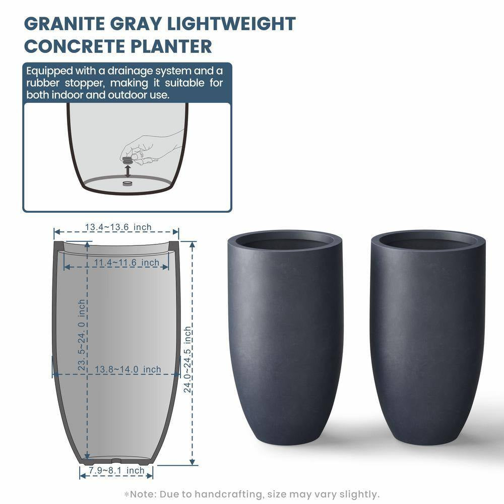 Lightweight 13.5 In. Dia Tall Large Granite Gray Large round Concrete Planter/Flower Pot for Indoor & Outdoor (Set of 2)