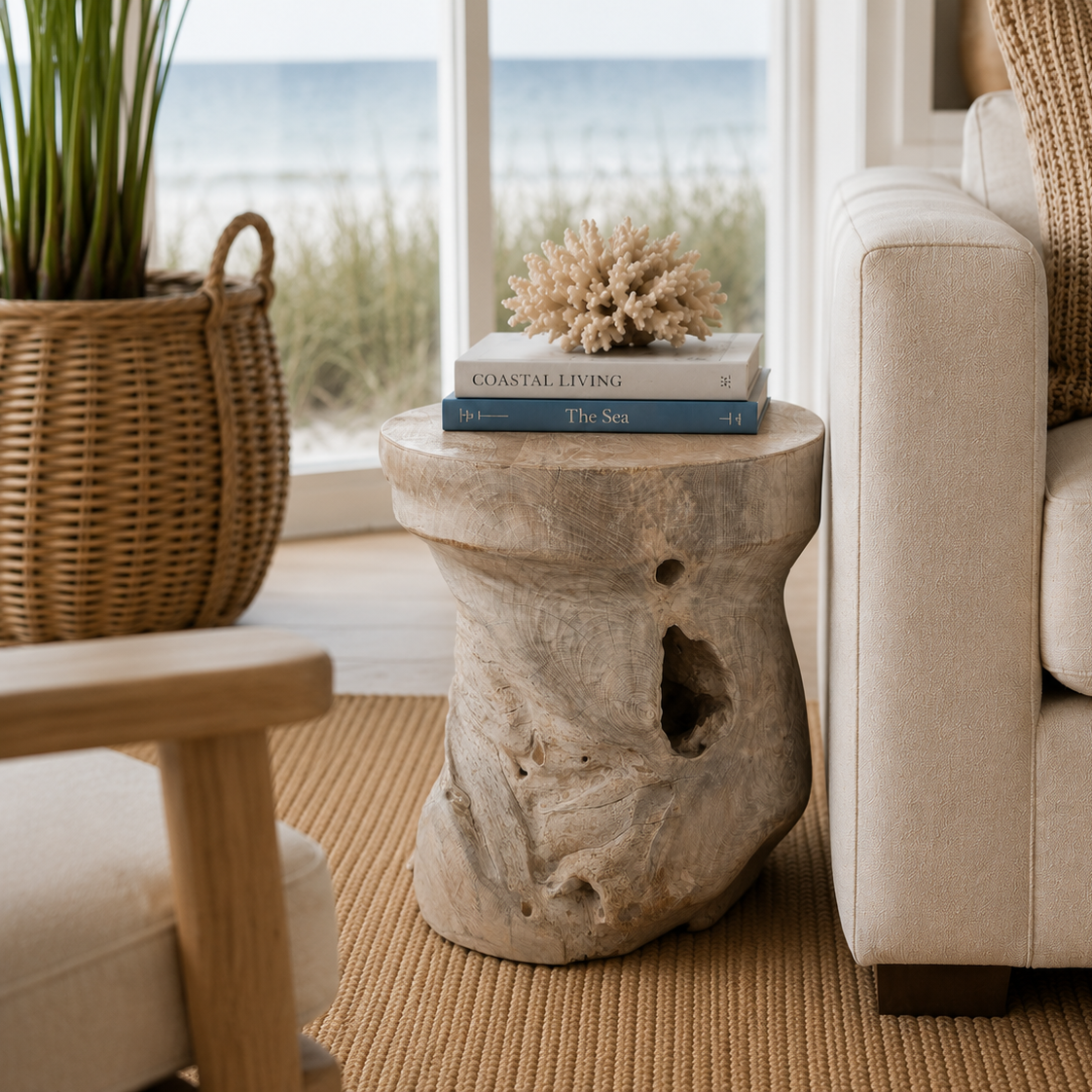 The Broward Design Center Organic Bleached Teak Round Stool