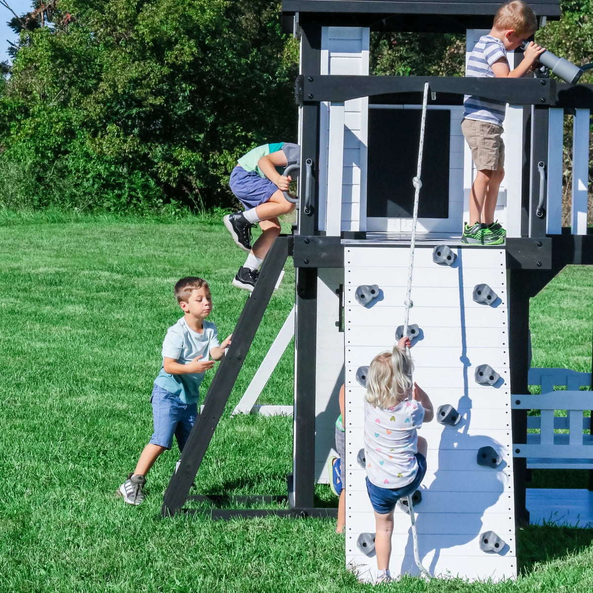 Canyon Creek White Cedar Wood Swing Set, Slide, Clubhouse, Rock Wall