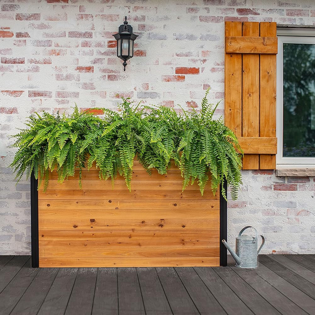 Mezza 16 Inch X 56 Inch X 33 Inch Large Cedar Wood Parklette Planter, Golden Brown with Black Aluminum Posts, FSC, Pre-Stained, Insect and Pest Repellant, Outdoor Décor, VT17716