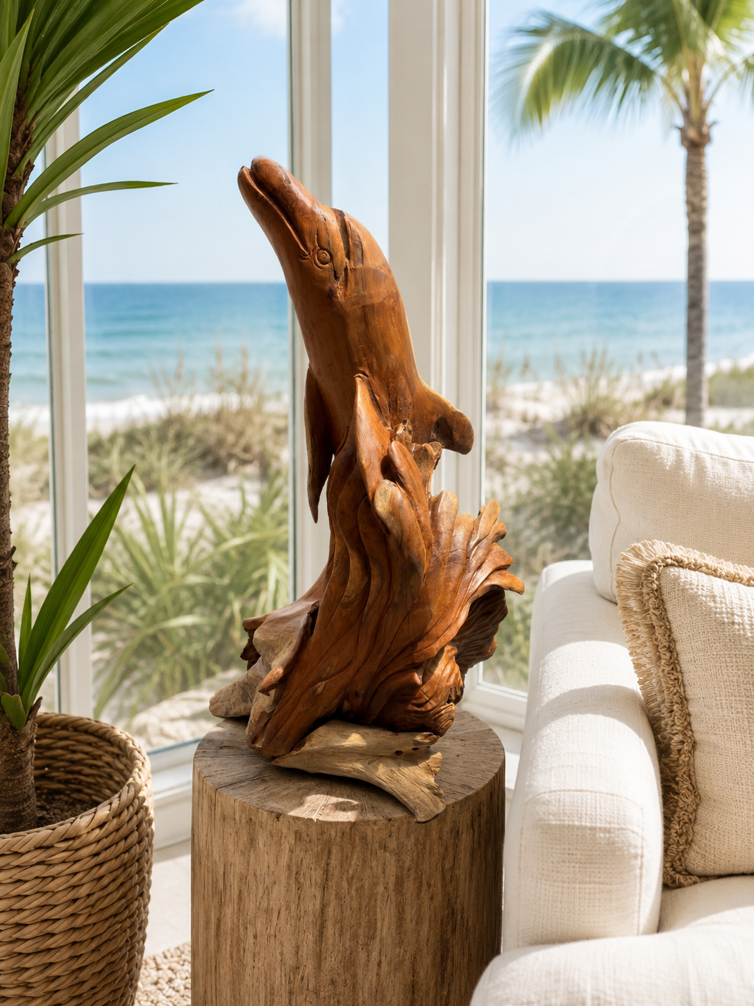 The Broward Design Center Solid Teak Wood Dolphin Sculpture – Hand Carved in Bali