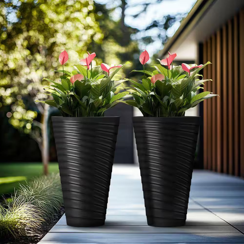 29 In. High Large Spiral Black Plastic round Planter / Pot with Drainage Holes (Set of 2)