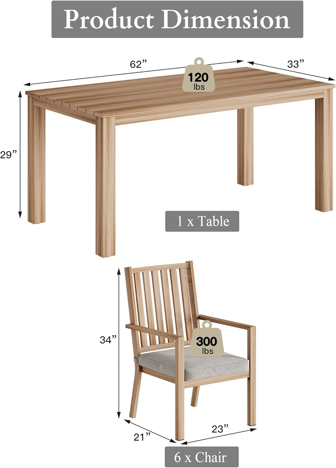 Aluminum 7 Pieces Patio Dining Sets, Outdoor Dining Table with 6 Chairs, Outdoor Patio Dining Furniture Set with Removable Cushion for Lawn, Garden, Backyard, Brown