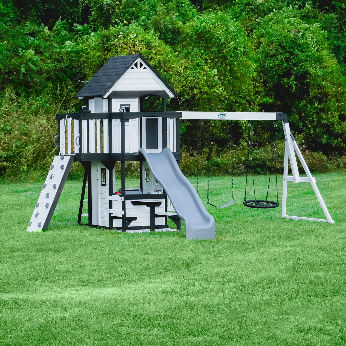 Canyon Creek White Cedar Wood Swing Set, Slide, Clubhouse, Rock Wall