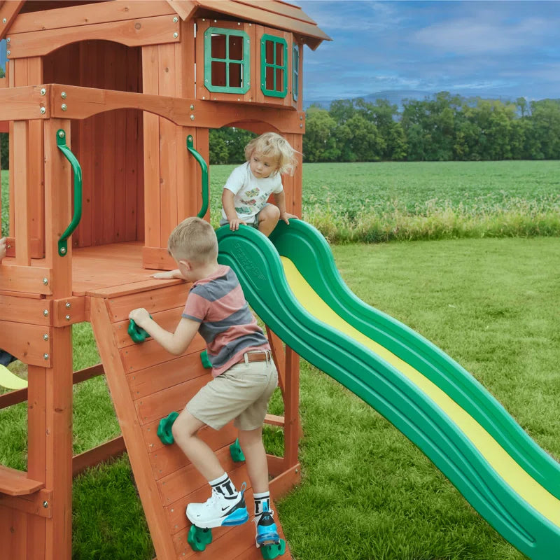 Atlantis Cedar Wood Swing Set with Wave Slide, Clubhouse, Rock Wall, and Sandbox Area