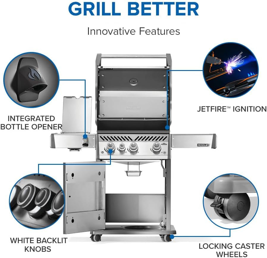 Rogue PRO 425 Propane Gas Grill with Infrared Side Burner, Stainless Steel, Durable 4-Burner BBQ