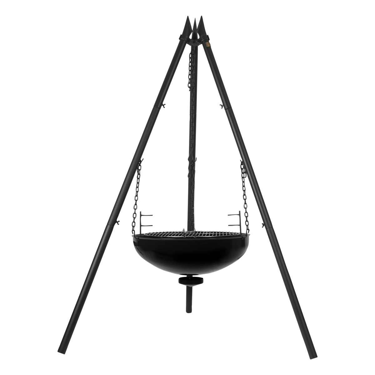 A black metal tripod-style hanging grill stand with a suspended bowl-shaped griddle and chains, shown on a plain white background.