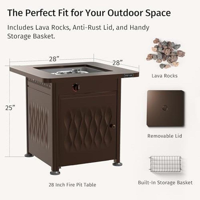 28" Outdoor Propane Fire Pit Table | 52,000 BTU Gas Fire Pit Table for outside with Magnetic Lid | Storage Basket & Lava Rocks | CSA Certified for Patio, Garden & Backyard | Brown