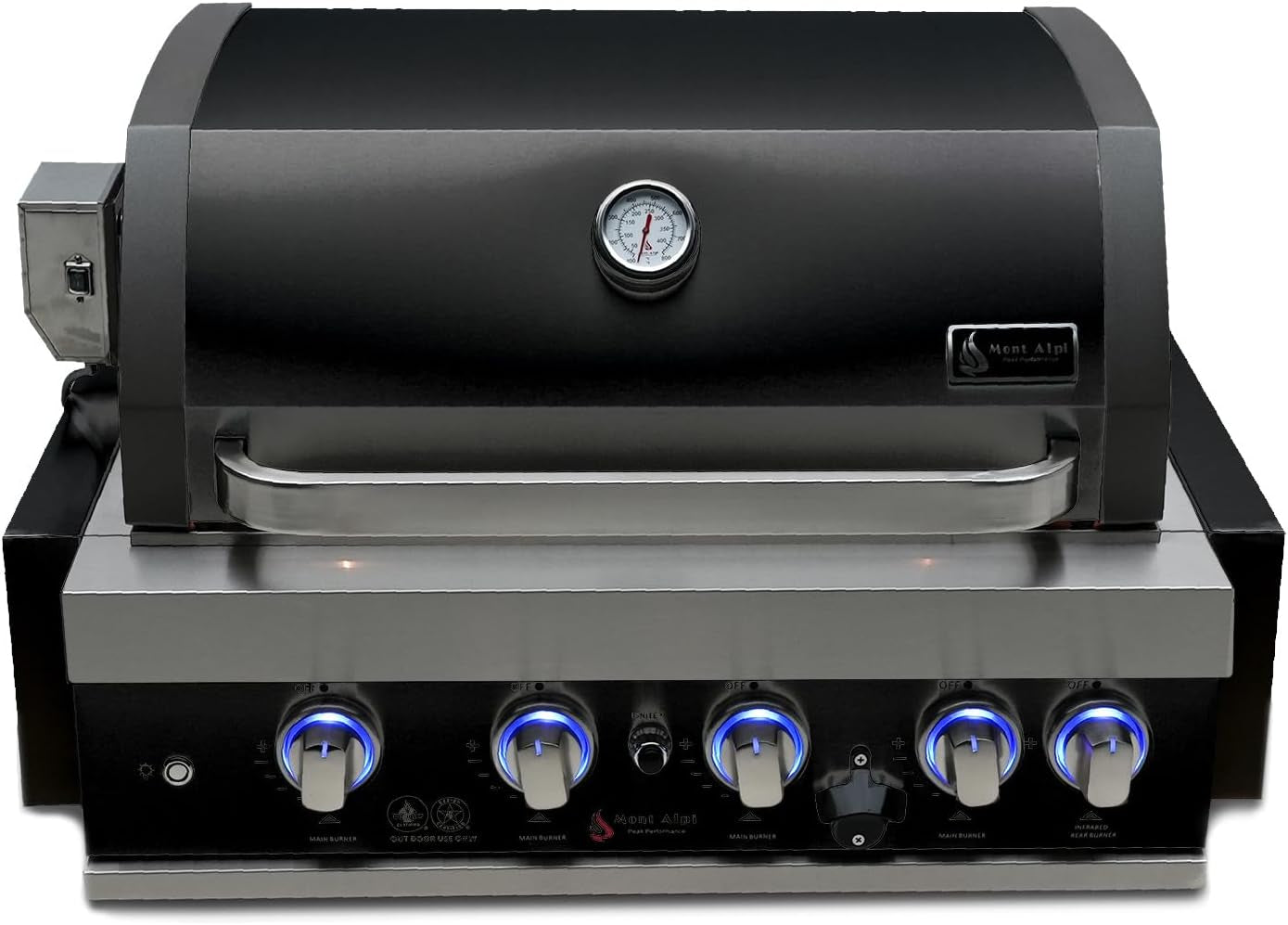 Premium 32"W X 23"D X 21"H Black Stainless Steel 4-Burner 63000 Btus Outdoor Kitchen Kitchen Island Heavy Duty Propane Built-In BBQ Gas Grill Head with Infrared Rear Burner + Rotisserie Kit