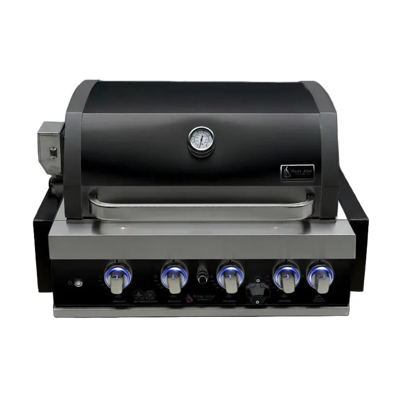 Premium 32"W X 23"D X 21"H Black Stainless Steel 4-Burner 63000 Btus Outdoor Kitchen Kitchen Island Heavy Duty Propane Built-In BBQ Gas Grill Head with Infrared Rear Burner + Rotisserie Kit