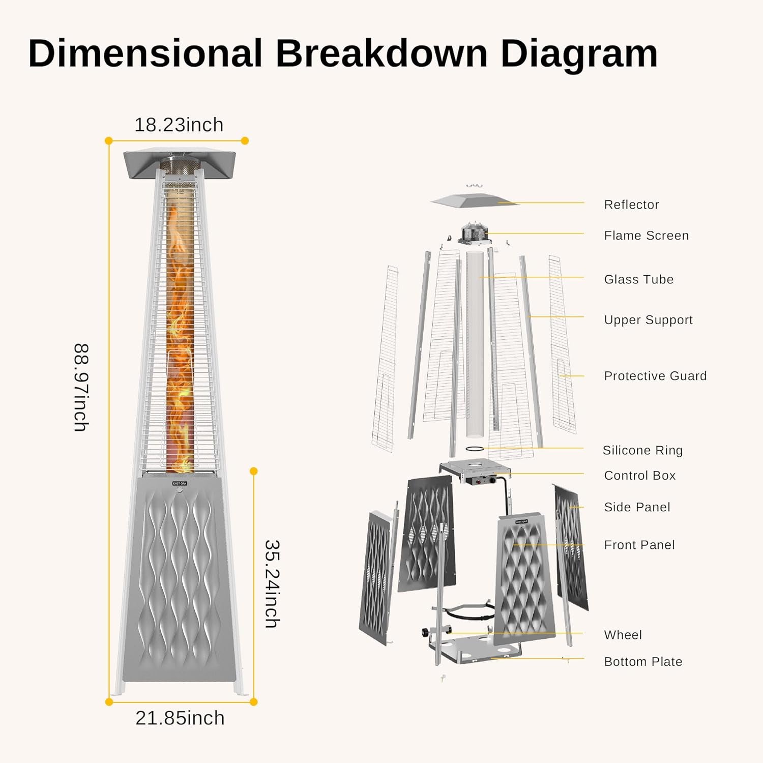 48,000 BTU Pyramid Patio Heater, Quartz Glass Tube Propane Outdoor Heater with Wheels, Triple Safety Protection, 2025 Upgrade for Home, Backyard & Commercial Spaces, Stainless Steel