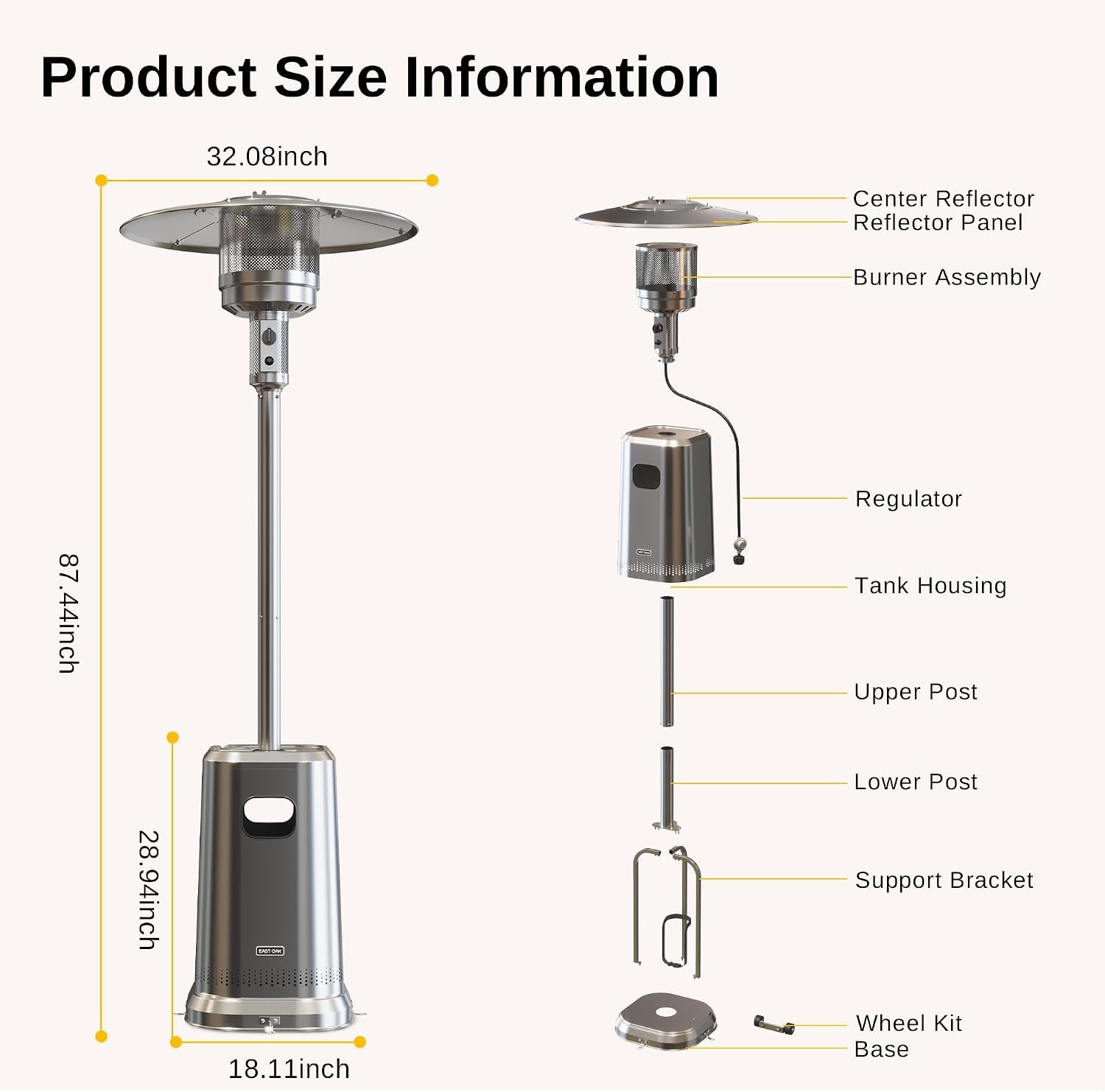 Anti-Rust 50,000 BTU Patio Heater for Outdoor Use with Double-Layer Stainless Steel Burner, Table Design and Wheels, Propane Patio Heater for Home and Commercial, Stainless Steel