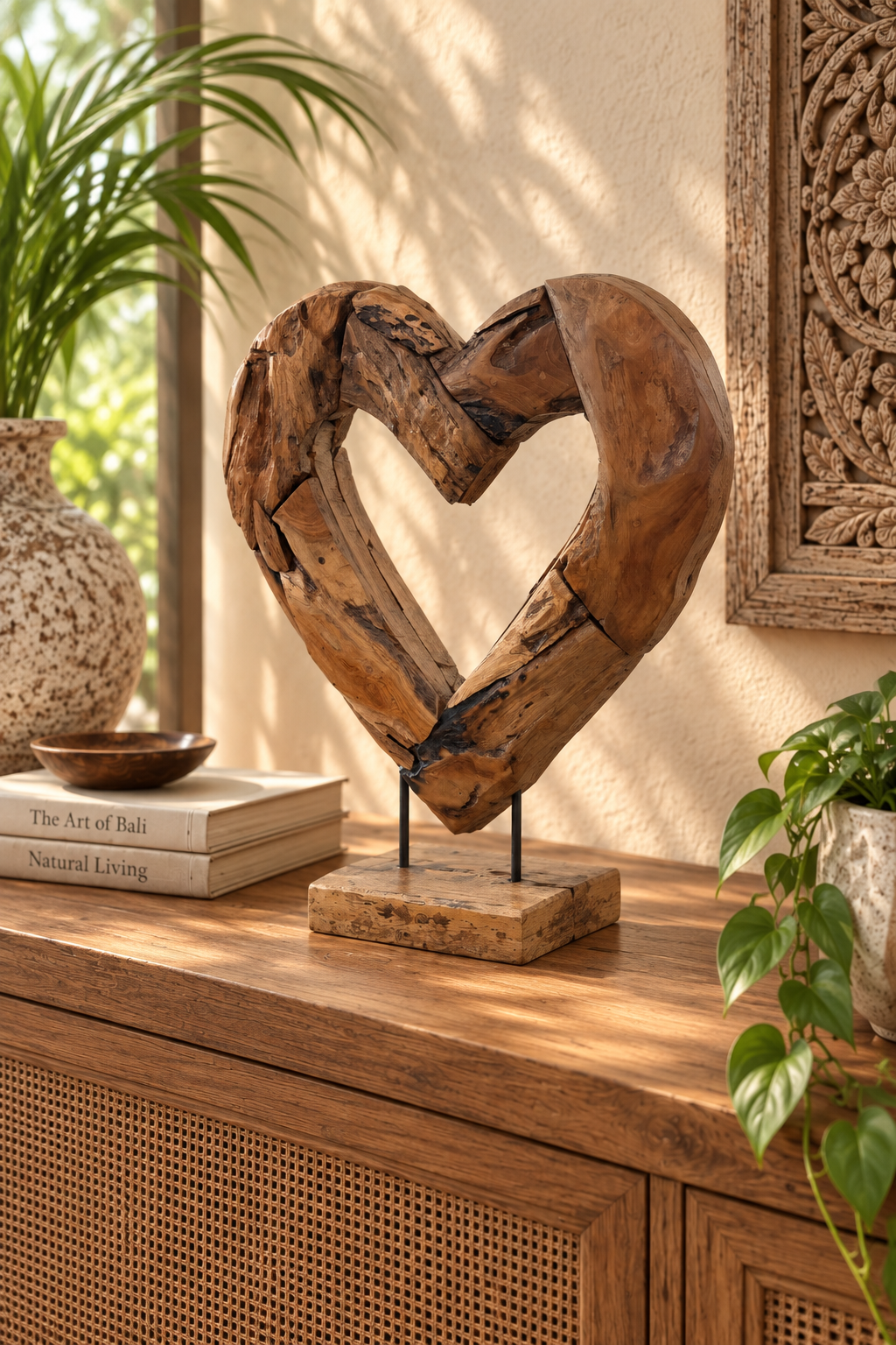 Handmade Bali Teak Heart Sculpture on Stand Medium