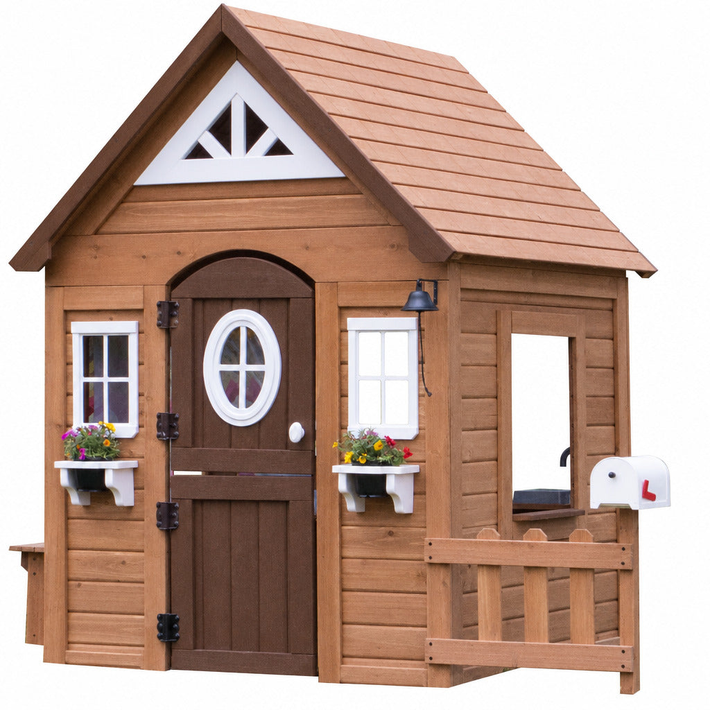Backyard Discovery Aspen Cedar Wooden Kids Playhouse Cottage with Play Kitchen, Snack Bar, Picnic Bench, Dinner Bell, Mailbox, Dutch Door, Flowerpot Holders, Toy Lights, Country Style for Outdoor Play