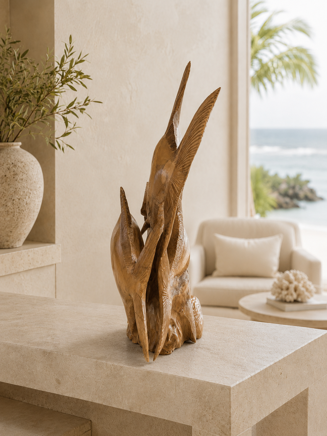 Broward Design Twin Current Hand-Carved Teak Permit Sculpture