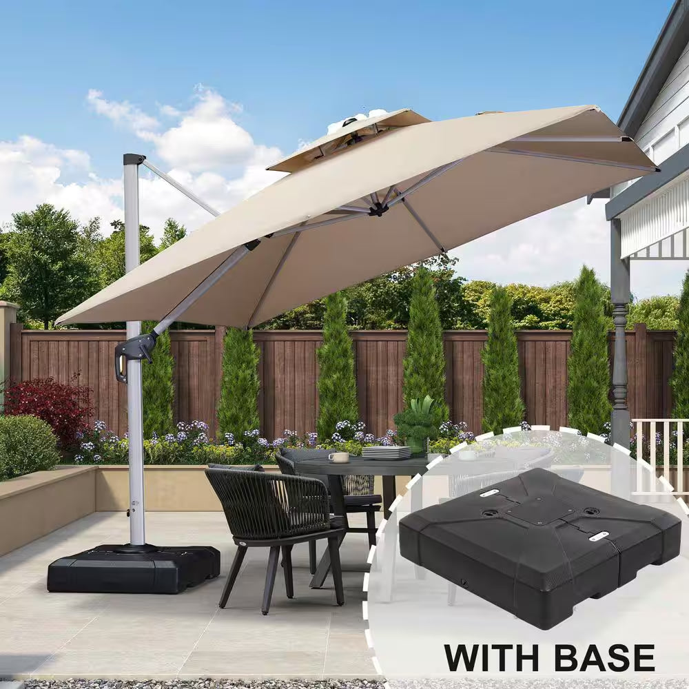 10 Ft. Square Windproof Aluminum 360 Rotation Cantilever Polyester Outdoor Patio Umbrella with Base, Beige