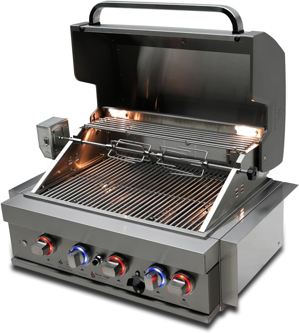 Premium 32"W X 23"D X 21"H Stainless Steel 4-Burner 63000 Btus Outdoor Kitchen Kitchen Island Heavy Duty Propane Built-In BBQ Grill Head with Infrared Rear Burner + Rotisserie Kit + Cover