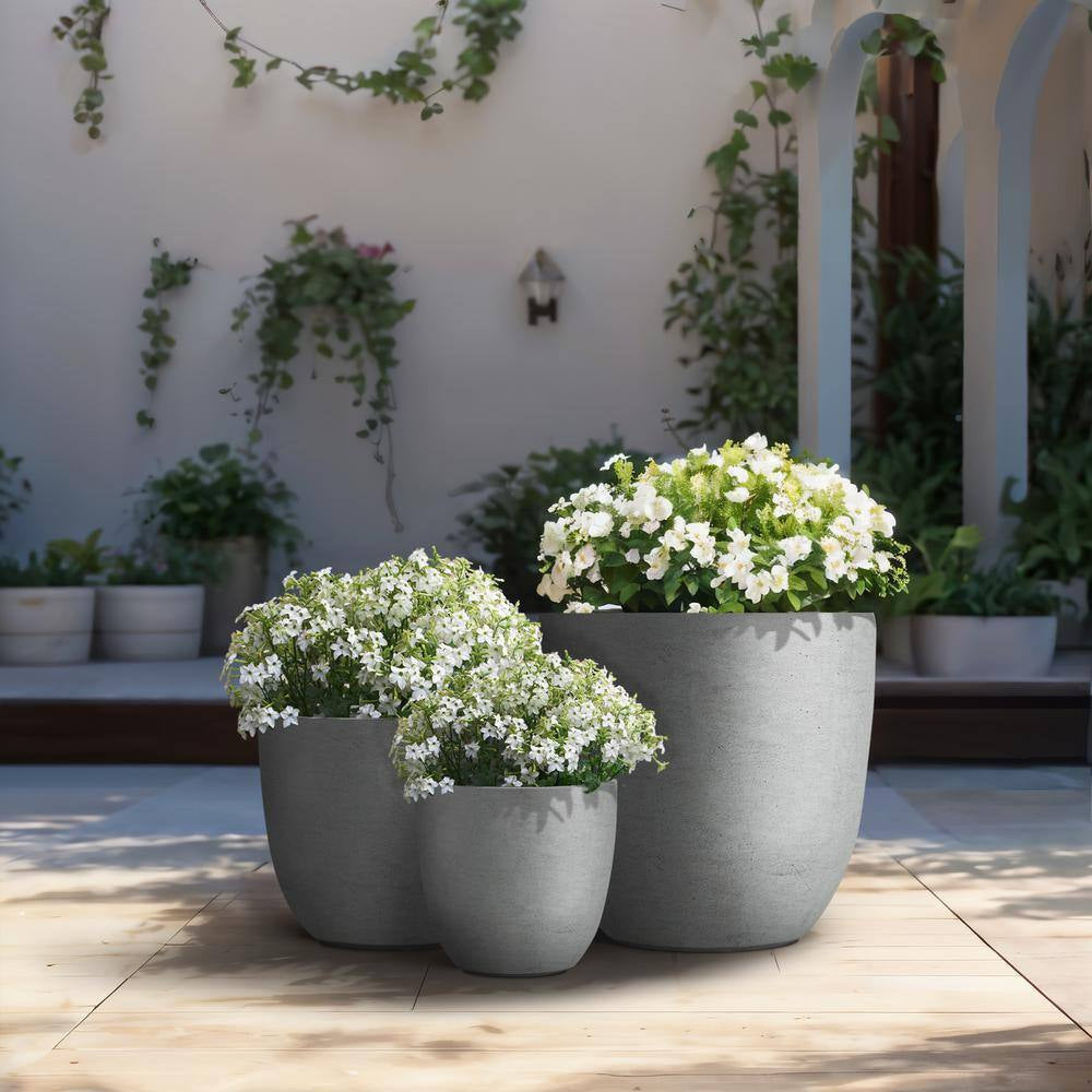 10In., 14In., 18In. Dia Stone Finish Extra Large Tall round Concrete Plant Pot / Planter for Indoor & Outdoor Set of 3