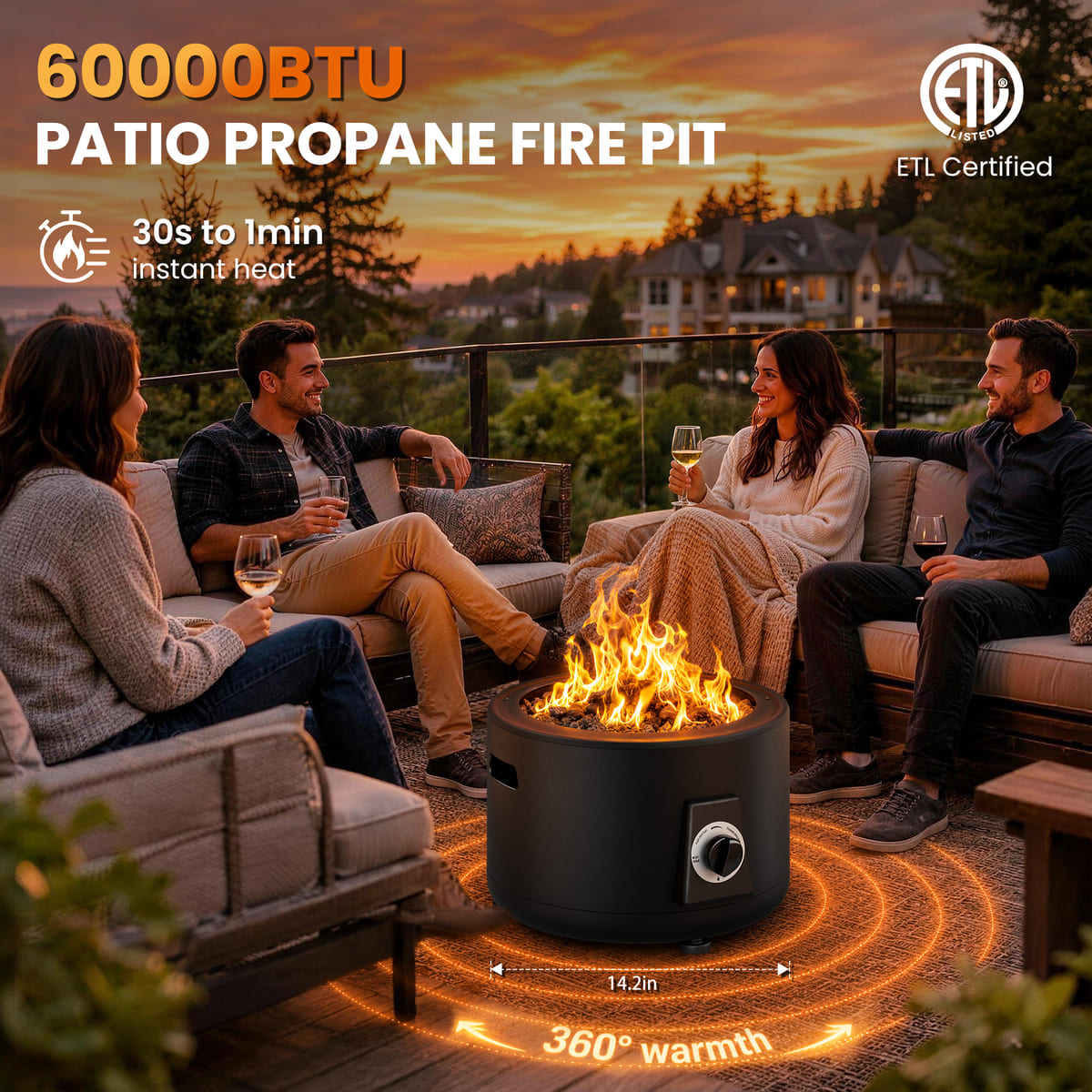Pamapic Pyra Portable Propane Fire Pit, 60,000 BTU Smokeless